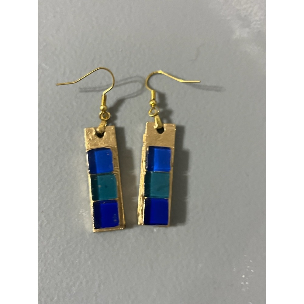 Handmade Mosaic Glass Tile Cobalt Blue Teal Gold Dangle‎ Earrings Artisan Boho - Picture 5 of 5